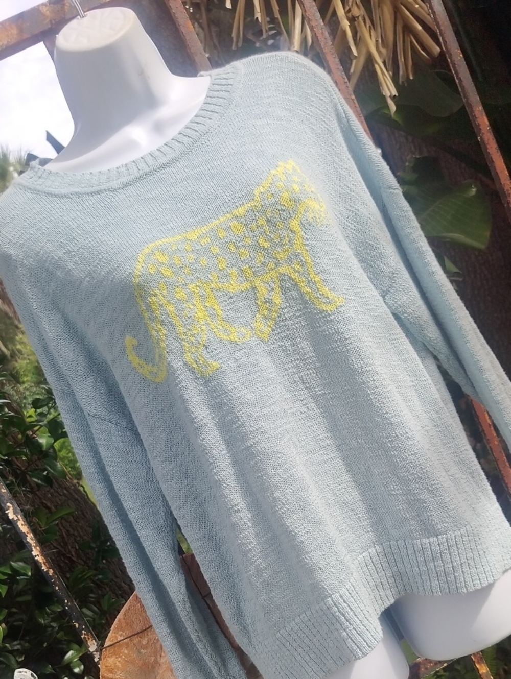 Lou & Grey Light Blue Women’s Sweater with Yellow Leopard Motif Small